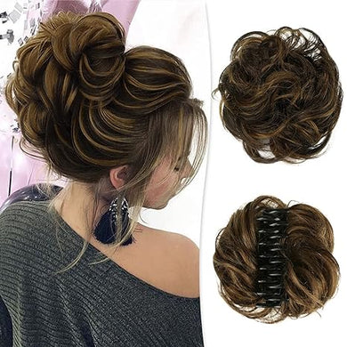 Claw Clip Messy Bun Hair Piece 100% Real Human Hair Buns Curly Chignon Hair Bun Extensions Wavy Tousled Updo Hair Buns Claw Clip Ponytail Hairpieces Hair Scrunchie with Clip for Women（Dark Brown with Light Golden Brown）