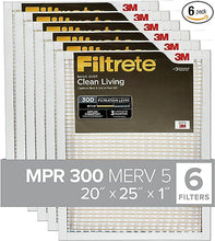 Load image into Gallery viewer, Filtrete 20x25x1 Air Filter, MPR 300, MERV 5, Clean Living Basic Dust 3-Month Pleated 1-Inch Air Filters, 6 Filters