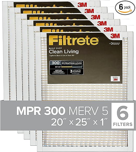 Filtrete 20x25x1 Air Filter, MPR 300, MERV 5, Clean Living Basic Dust 3-Month Pleated 1-Inch Air Filters, 6 Filters