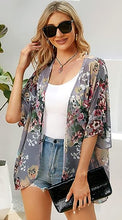 Load image into Gallery viewer, Women&#39;s Floral Print Puff Sleeve Kimono Cardigan Loose Cover Up Casual Blouse Tops