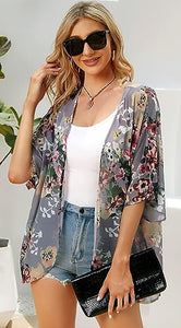 Women's Floral Print Puff Sleeve Kimono Cardigan Loose Cover Up Casual Blouse Tops