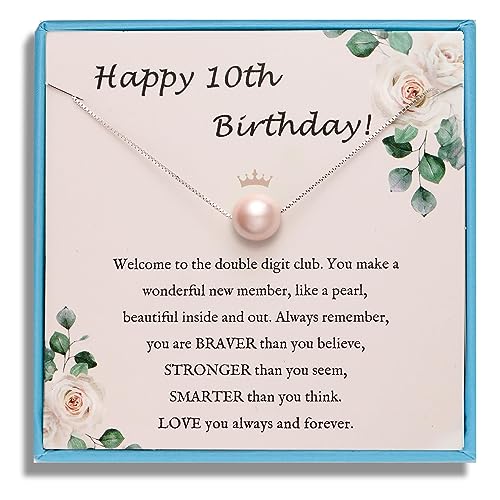 Sereney 10th Birthday Gifts for Girls S925 Sterling Silver Pink Pearl Necklace as Gifts for 10 Year Old Girl, Adjustable Length 10 Birthday Ideas for Girls Trendy 2023