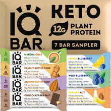 Load image into Gallery viewer, IQBAR Brain and Body Keto Protein Bars - 7 Sampler Keto Energy Bars - Low Carb, High Fiber, Low Sugar Meal Replacement Bars - Vegan Snacks