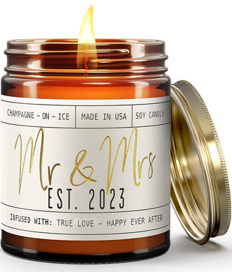 Wedding Gifts for Couples 2023, Mr and Mrs Gifts - 'Mr & Mrs Est. 2023' Candle, w/Champagne on Ice I Unique Newlywed Wedding Gifts for Couple I Wedding Shower Gifts Bride & Groom I 50Hr Burn,USA Made