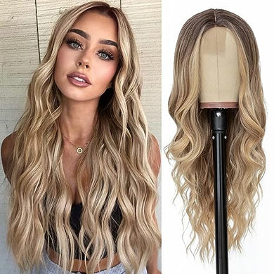 NAYOO Long Ombre Blonde Wavy Wig for Women 26 Inch Middle Part Curly Wavy Wig Natural Looking Synthetic Heat Resistant Fiber Wig for Daily Party Use (Ombre Blonde)