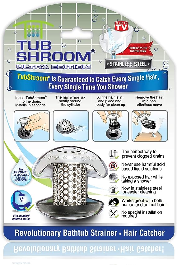 TubShroom Ultra Revolutionary Bath Tub Drain Protector Hair Catcher/Strainer/Snare Stainless Steel, 1-Pack, Silver