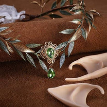 Load image into Gallery viewer, MOSTORY Fairy Leaf Rhinestone Crown with Elf Ears Set Handmade Princess Headpiece with 2 Pairs Soft Elven Ears kit for Women Girls Reneaissance Halloween Wedding Cosplay Photo Props