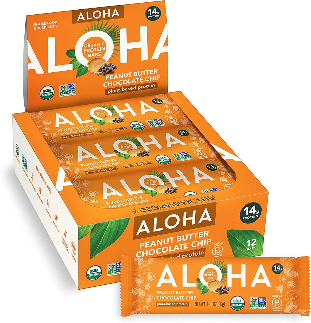 ALOHA Organic Plant Based Protein Bars |Peanut Butter Chocolate Chip | 12 Count, 1.98oz Bars | Vegan, Low Sugar, Gluten Free, Paleo, Low Carb, Non-GMO, Stevia Free, Soy Free, No Sugar Alcohol Sweeteners