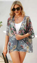 Load image into Gallery viewer, Women&#39;s Floral Print Puff Sleeve Kimono Cardigan Loose Cover Up Casual Blouse Tops