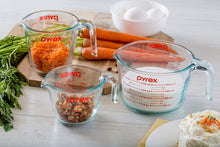 Load image into Gallery viewer, Pyrex 3 Piece Glass Measuring Cup Set, Includes 1-Cup, 2-Cup, and 4-Cup Tempered Glass Liquid Measuring Cups, Dishwasher, Freezer, Microwave, and Preheated Oven Safe, Essential Kitchen Tools