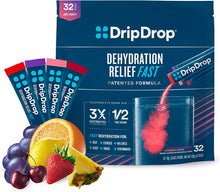 Load image into Gallery viewer, DripDrop Hydration - Electrolyte Powder Packets - Grape, Fruit Punch, Strawberry Lemonade, Cherry - 32 Count