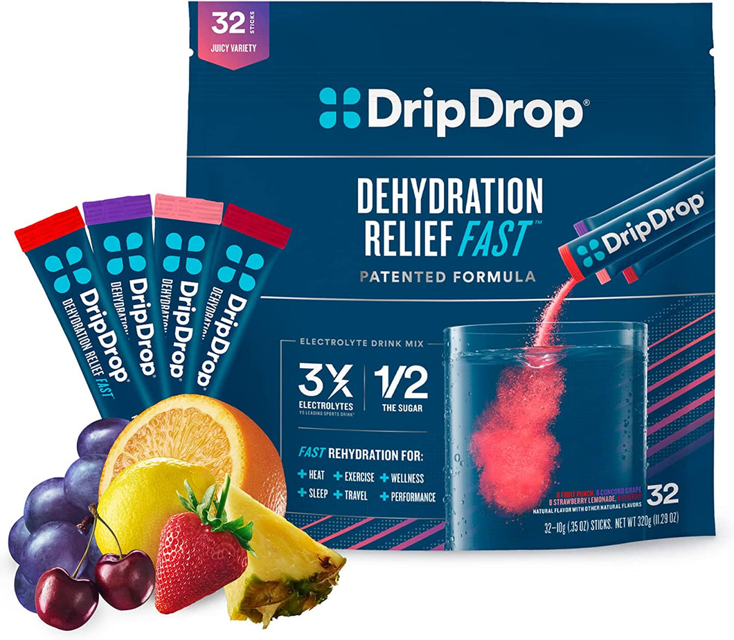 DripDrop Hydration - Electrolyte Powder Packets - Grape, Fruit Punch, Strawberry Lemonade, Cherry - 32 Count