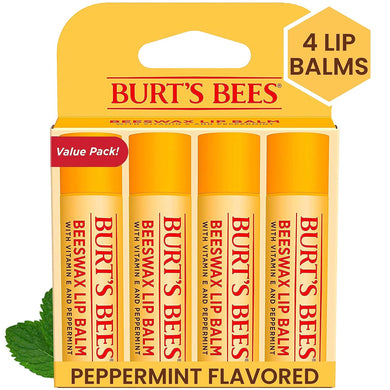 Burt's Bees 100% Natural Origin Moisturizing Lip Balm, Original Beeswax with Vitamin E & Peppermint Oil, 4 Tubes in Blister Box