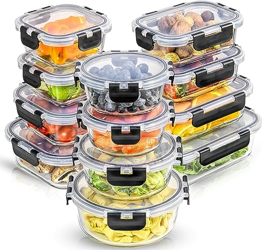 JoyJolt JoyFul 24pc Borosilicate Glass Storage Containers with Lids. 12 Airtight, Freezer Safe Food Storage Containers, Pantry Kitchen Storage Containers, Glass Meal Prep Container for Lunch