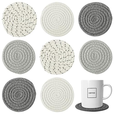 8 Pcs Absorbent Drink Coasters, 4 Styles Handmade BOHO Woven Coasters for Coffee Table, Heat-resistant Modern Cotton Coasters for Kinds of Cups Housewarming (4.3in)