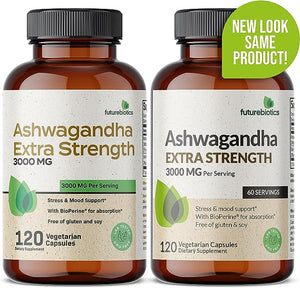 Futurebiotics Ashwagandha Capsules Extra Strength 3000mg - Stress Relief Formula, Natural Mood Support, Stress, Focus, and Energy Support Supplement, 120 Capsules