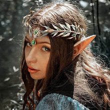 Load image into Gallery viewer, MOSTORY Fairy Leaf Rhinestone Crown with Elf Ears Set Handmade Princess Headpiece with 2 Pairs Soft Elven Ears kit for Women Girls Reneaissance Halloween Wedding Cosplay Photo Props