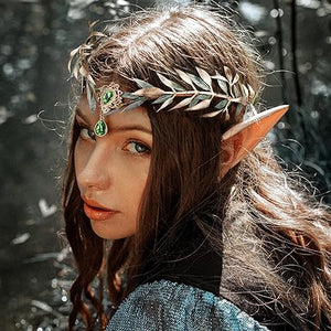 MOSTORY Fairy Leaf Rhinestone Crown with Elf Ears Set Handmade Princess Headpiece with 2 Pairs Soft Elven Ears kit for Women Girls Reneaissance Halloween Wedding Cosplay Photo Props