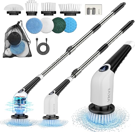 YKYI Electric Spin Scrubber,Cordless Cleaning Brush,Shower Cleaning Brush with 8 Replaceable Brush Heads, Power Scrubber 3 Adjustable Speeds,Adjustable & Detachable Long Handle,Voice Broadcast